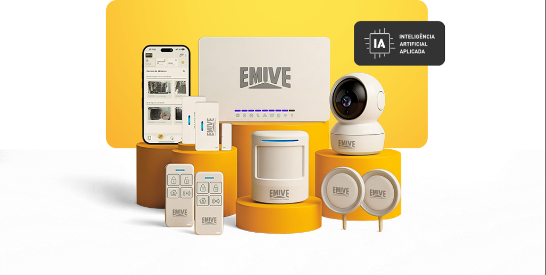 Kit completo Emive: central, sensores, controles, câmera e teclado com IA aplicada